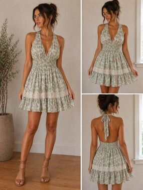 Floral Halter Smocked Waist Mini Dress - Sage Green